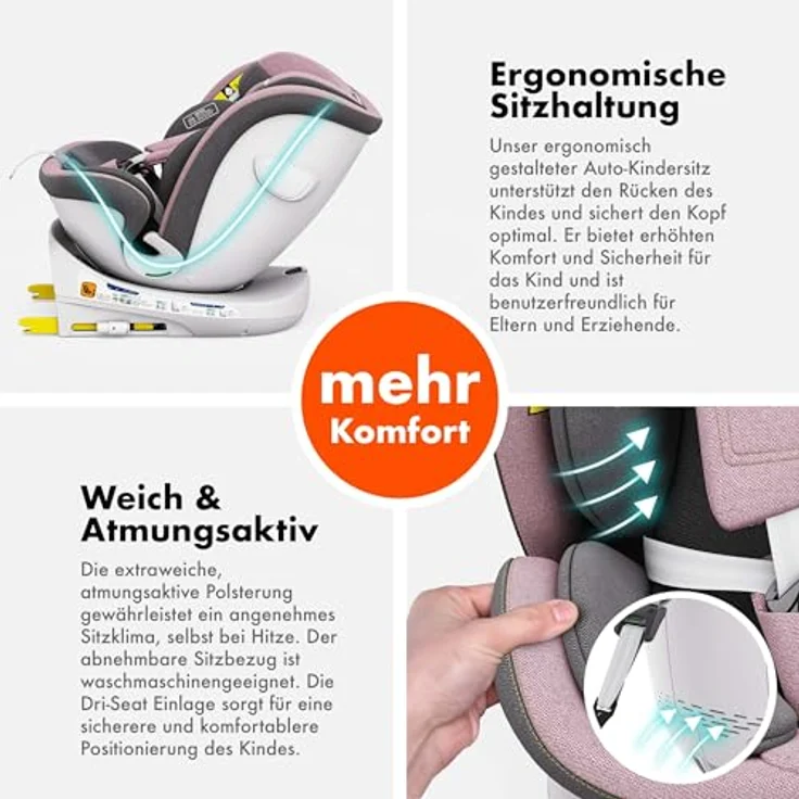 Daliya® Autokindersitz ROTAZIONE I-Size 2024, Kindersitz mit 360°-Rotation, höhenverstellbare Kopfstütze, Rosa – Bild 5