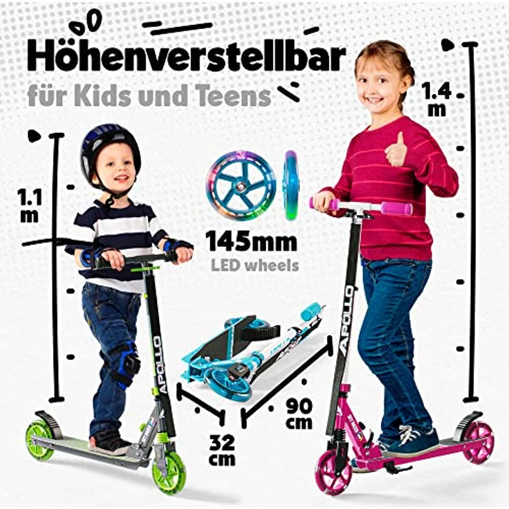 Apollo Scooter LED Skyracer, City Roller mit Federung und höhenverstellbarem Lenker, klappbar, für Kinder ab 5 Jahren und Erwachsene, pink/weiß – Bild 6