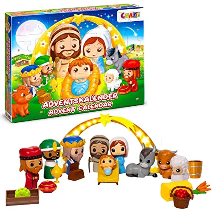CRAZE Adventskalender 2022 Kinder - Weihnachtskrippe Krippenspiel - Spielkrippe Kinder mit Spielfiguren Set 40812