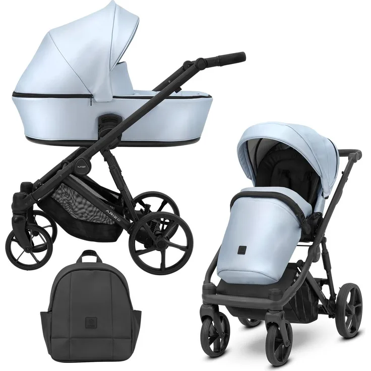 Kunert ARIZO 2in1 Kinderwagen, Kombikinderwagen aus Öko-Leder, Blau/Babyblau, schwarzes Gestell