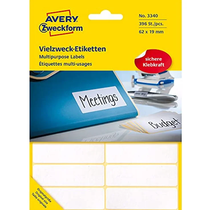 Avery Zweckform 3340 Haushaltsetiketten selbstklebend (62 x 19 mm, 396 Aufkleber auf 33 Bogen, Vielzweck-Etiketten für Haushalt, Schule und Büro zum Beschriften und Kennzeichnen) blanko, weiß – Bild 1