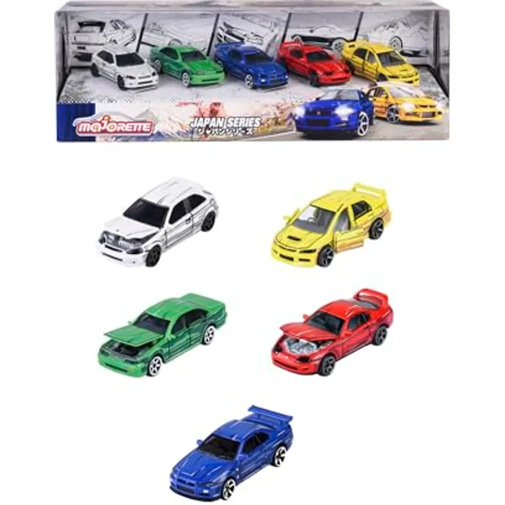 Majorette Japan Series - Auto-Set mit 5 Spielzeugautos aus Metall im Anime-Stil, je 7,5 cm, inklusive Honda Civic TYPE R (weiß), Nissan Cefiro (grün), Nissan Skyline GT-R (blau), Toyota Supra (rot), Mitsubishi Lancer (gelb), mit Freilauf, Federung & öffnendem Teil, für Sammler und Kinder ab 3 Jahre