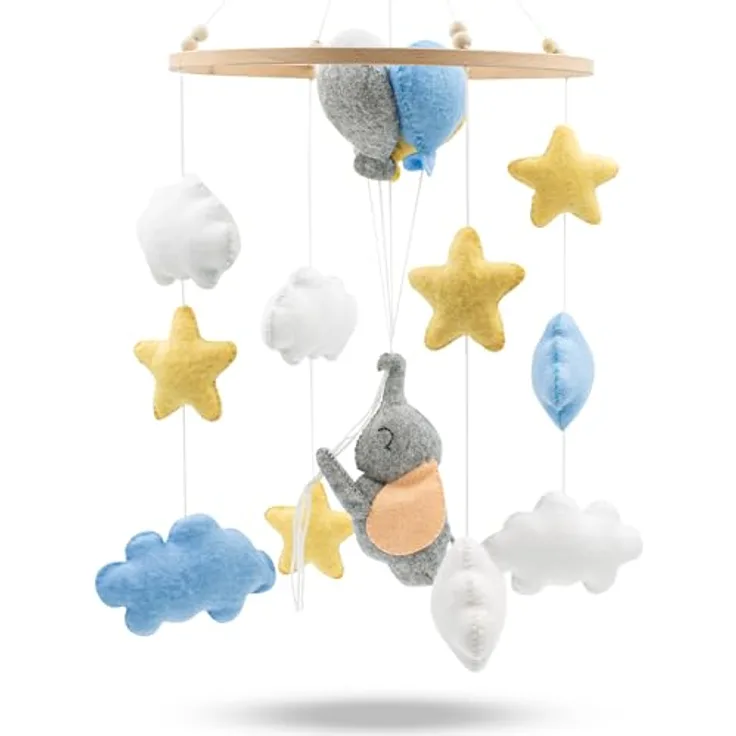 Babykajo Baby Mobile Elefant, handgefertigtes Mobile mit Holzring und süßen Tierfiguren, perfekt für Babybett und Kinderzimmer Deko