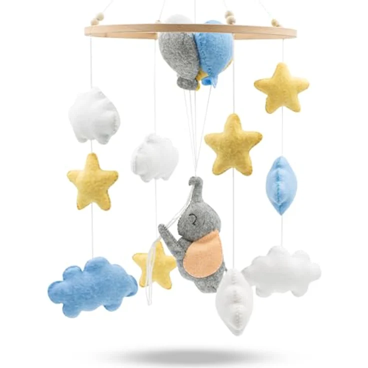 Babykajo Baby Mobile Elefant, handgefertigtes Mobile mit Holzring und süßen Tierfiguren, perfekt für Babybett und Kinderzimmer Deko – Bild 1