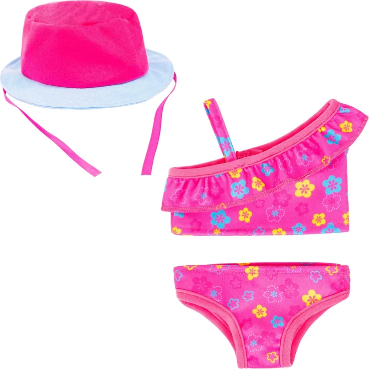 Bayer Puppenkleidung Bikini 38-42 cm (Set, 3-tlg), fröhlicher Farbmix mit passendem Sonnenhut – Bild 1