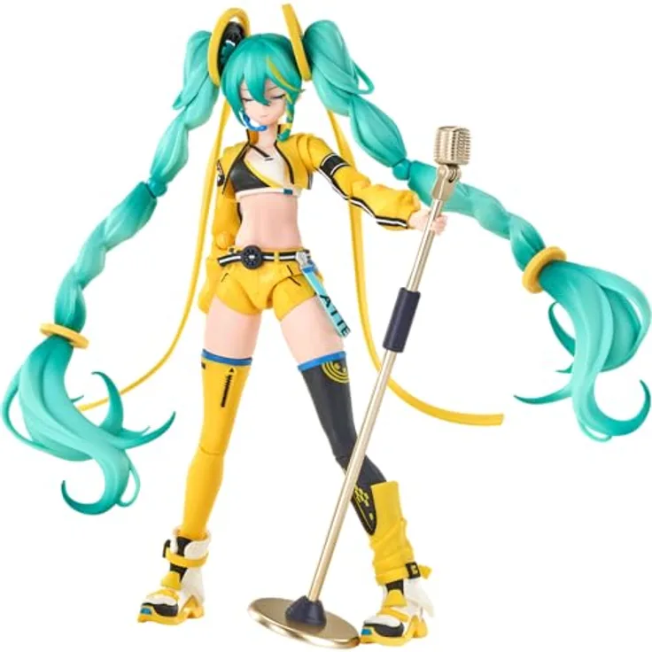 BLOKEES Vocaloid Fantastics Series Hatsune Miku Vivid Echoes Modellbausatz, Sammelfigur mit Mikrofonständer, türkises Haar, gelbes Outfit