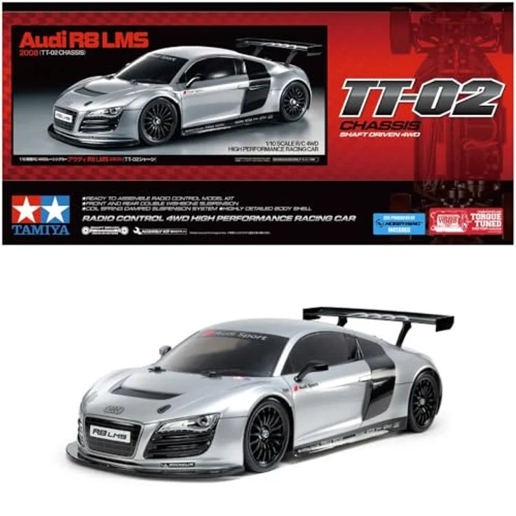 Tamiya 47517 Audi R8 LMS 2008 TT-02, 1:10 RC Bausatz ferngesteuertes Auto, vorlackiert, Silber – Bild 1