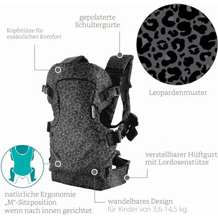 Infantino BKids Babytrage Flip Advanced - Leopard Black Print, 4-in-1 Bauchtrage Rückentrage für Babys von 3,6 - 14,5 kg, ergonomisch und pflegeleicht – Bild 6