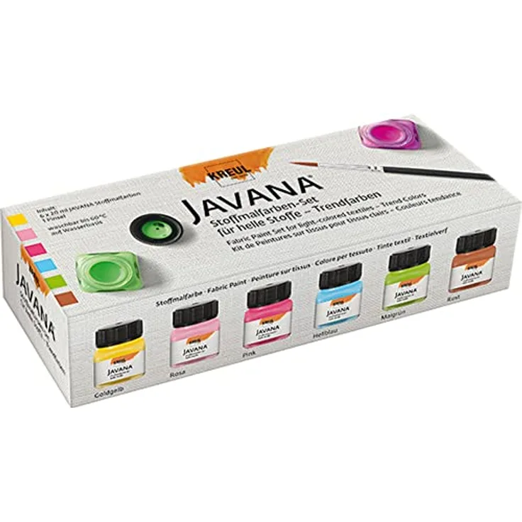 KREUL 90599 - Javana Stoffmalfarbe für helle Stoffe, Trendfarbenset, 6 x 20 ml Farbe und ein Pinsel, brillante Farbe mit cremigem Charakter, nach Fixierung waschbeständig