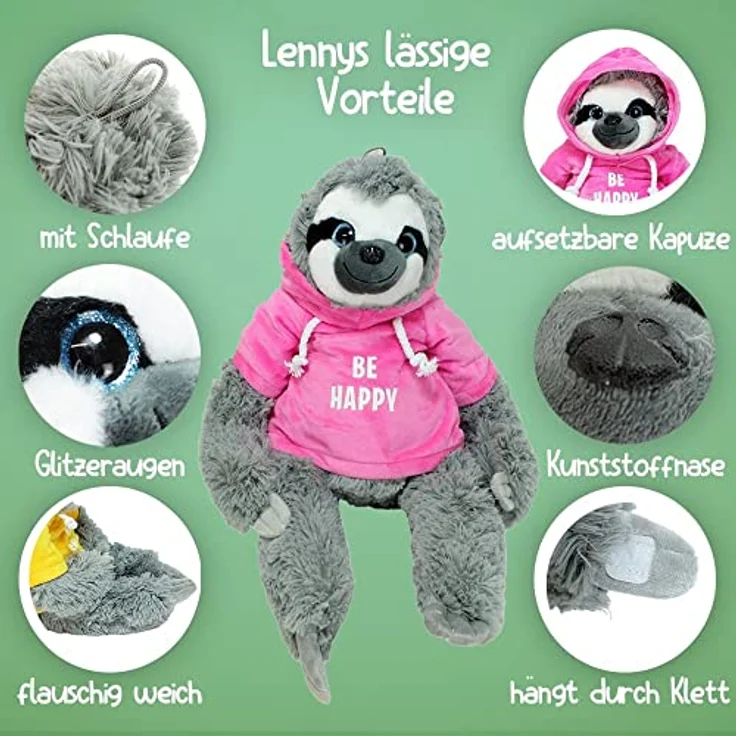 BEMIRO Faultier Kuscheltier rosa mit Pullover Be Happy - ca. 50 cm, Faultier Kuscheltier mit Pulli, Kletthände zum anhängen, Plüschtier Faultier mit Hoodie – Bild 2