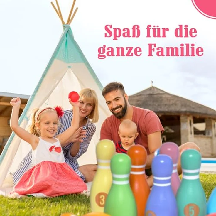 Pink Papaya Kegelspiel für Kinder - 12 teiliges Bowling Set, Outdoor & Indoor Spielzeug aus FSC-zertifiziertem Holz, schult & fördert Ihr Kind – Bild 3