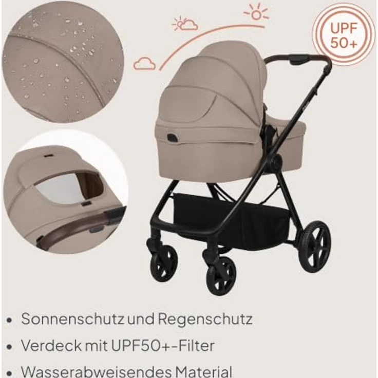 Lionelo Greet 3in1 Kombikinderwagen mit Babywanne, Sportsitz und Babyschale, leicht, federung, UPF50+, wendbar - Beige – Bild 6