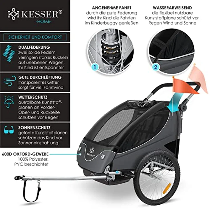KESSER® Cruiser Kinderanhänger Fahrradanhänger 360° Drehbar mit Federung 2in1 Joggerfunktion Kinderfahrradanhänger + 5-Punkt Gurt Jogger Fahrrad Anhänger für 1 bis 2 Kinder max. 40kg Schwarz / Anthrazit – Bild 4