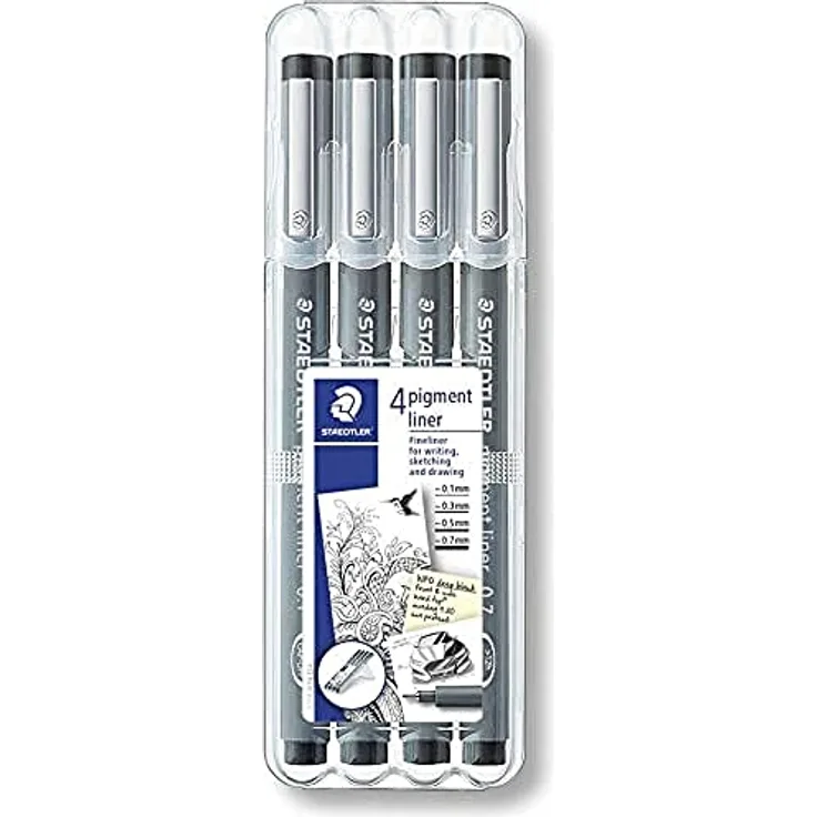 STAEDTLER schwarze pigment liner in unterschiedlichen Linienbreiten, dokumentenechte Pigmenttinte, lange Metallspitze, lange Lebensdauer, 4 Liner in 4 Linienbreiten in stabiler STAEDTLER-Box, 308 WP4