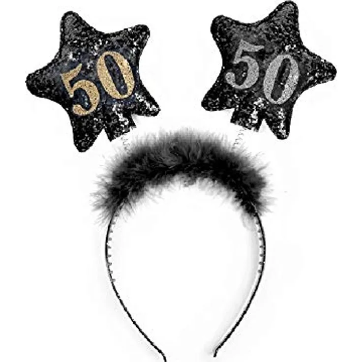 PartyDeco Stirnband mit Sternen und gedruckten Zahlen 50, schwarzes Fell-Haarband für runden Geburtstag, 13 cm hohe Sterne