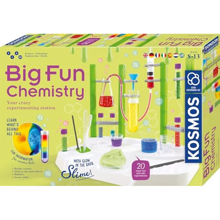 KOSMOS 617400 Big Fun Chemistry, Experimentierkasten für Kinder ab 8 Jahren, blubbernde Flüssigkeiten und nachtleuchtender Schleim, mehrsprachige Anleitung – Bild 1