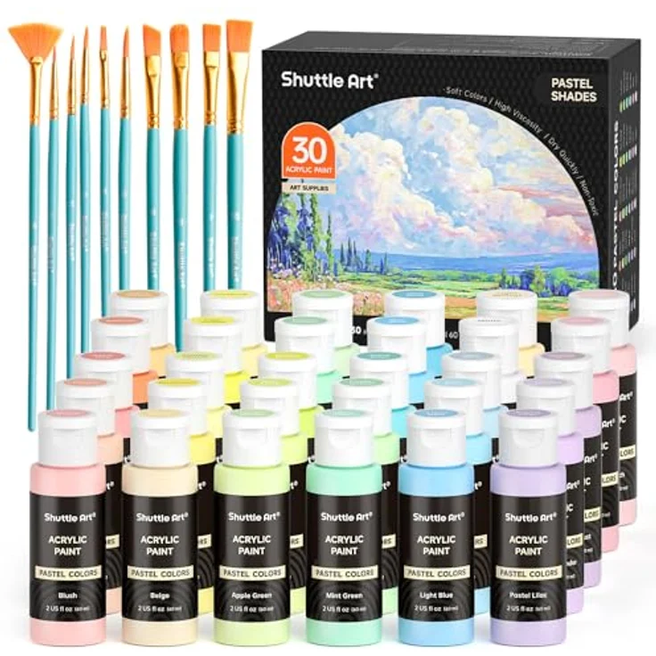 Shuttle Art Pastell Acrylfarben Set, 30 weiche ungiftige Pastellfarben in 60ml Flaschen mit 10 Pinseln, wasserfeste Künstlerqualität für Leinwand und Steine – Bild 1