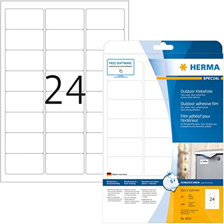 HERMA 9532 Wetterfeste Folienetiketten, 7680 Stück, 63,5 x 33,9 mm, selbstklebend, matt, blanko, weiß, temperaturbeständig von -40 bis +150 °C, aus Polyethylen – Bild 1