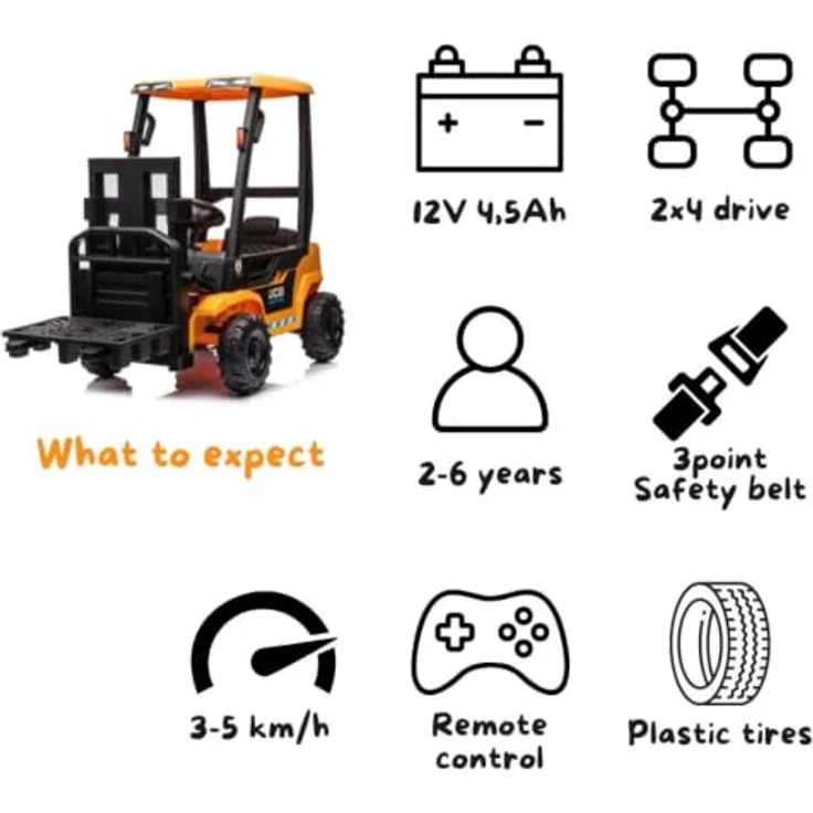 JCB Gabelstapler für Kinder 12V, elektro mit Fernbedienung, gelb, geeignet für 2 bis 6 Jahre, Soft-Start-Funktion, Tragfähigkeit 35 kg, inklusive Palette und Funktionalität – Bild 8