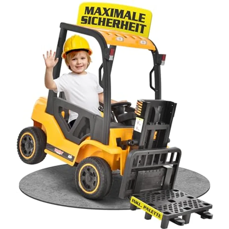 HECHT Kinder Elektro Gabelstapler 12 V, ferngesteuertes Elektroauto mit 2 × 40 W Motoren, Fernbedienung, inkl. Palette, 35 kg Traglast, bis 6 km/h, für Kinder ab 3 Jahren, Gelb