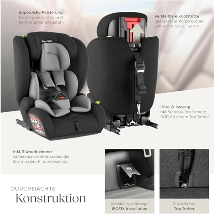 tectake Emely Autokindersitz, i-Size zugelassen, 5-Punkt-Gurt, für 9-36 kg, höhenverstellbar, atmungsaktiver Bezug, Schwarz – Bild 3