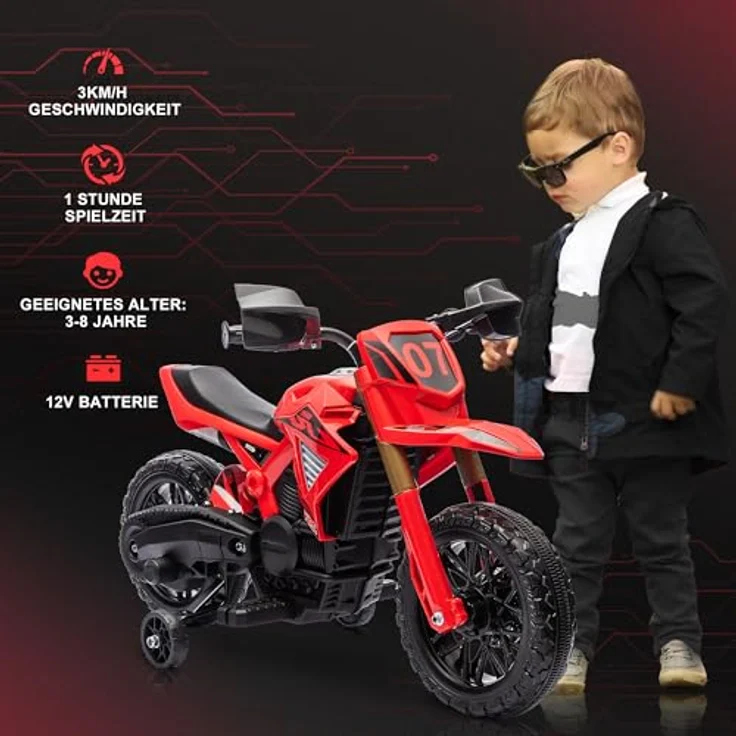 AIYAPLAY Elektro-Kindermotorrad 6V, mit Stützrädern, Hupe und Startgeräusch, belastbar bis 30 kg, Rot – Bild 3