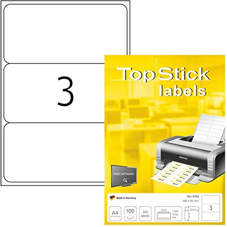 TopStick 8793 Universal Etiketten, 300 selbstklebende Blanko Aufkleber, 200 x 95 mm, matt, bedruckbar, weiß – Bild 1