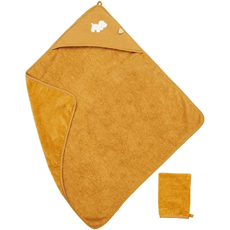 Nattou Kapuzenbadetuch mit Waschlappen, Hund Charlie, Ideal zum Abtrocknen, Ca. 75 x 75 cm, PETA-geprüft und vegan, Baumwolle/Polyester, Beige
