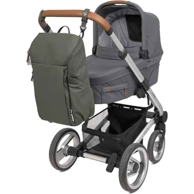 LÄSSIG Baby Wickelrucksack Slender Up Backpack olive mit Wickelunterlage, Kinderwagenbefestigung und Flaschenhalter – Bild 3