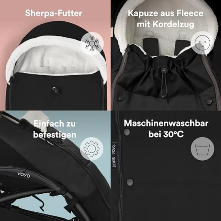 Stokke YOYO Fußsack, Schwarz - Sherpa-Futter, Fleece-Kapuze mit Kordelzug, doppelte Wattierung - Maschinenwaschbar bei 30°C - Inklusive kleiner Tasche – Bild 3
