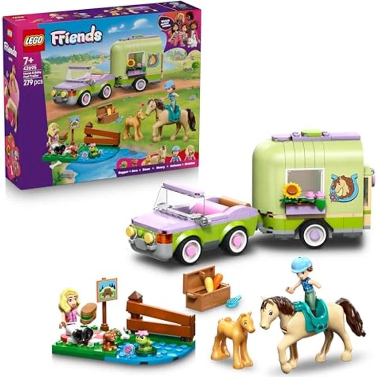 LEGO Friends Pferd und Fohlen mit Pferdeanhänger - Spielset mit 2 Mini Puppen, 4 Tierfiguren, Pflegezubehör und Auto - Geschenkidee für Mädchen ab 7 Jahren - 42695 – Bild 1