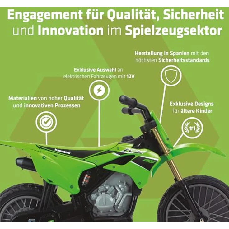 INJUSA Kawasaki Elektro Motorrad für Kinder, 12V mit Fußpedal, automatischer Bremse, Stützrädern und Motocross Design, grün, 3-6 Jahre – Bild 3