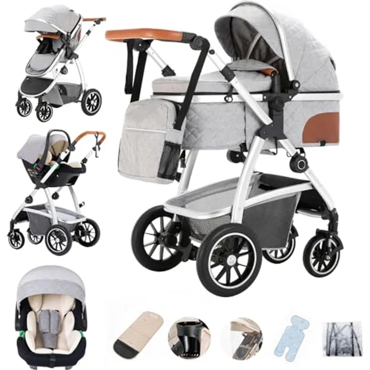 Gcarebb 3 in 1 Kinderwagen, Buggy mit Höhenverstellbarem Griff, Aluminiumrahmen, für Neugeborene 0-4 Jahre, inkl. Auto Babyschale und umfangreichem Zubehör