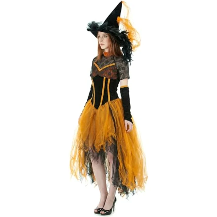Funny Herbsthexe Freya Hexenkostüm, schwarz-orange mit Spitze, inkl. Gloves und Hexenhut, Größe 44-46 – Bild 5