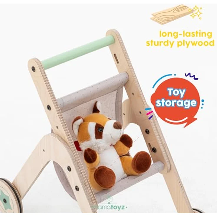 Mamatoyz 04TSTR Triio Kinderwagen, Spielzeug-Kinderwagen für Puppen aus natürlichem Birkensperrholz, Gehhilfe für erste Schritte zum Laufenlernen mit verstellbaren Rädern – Bild 3