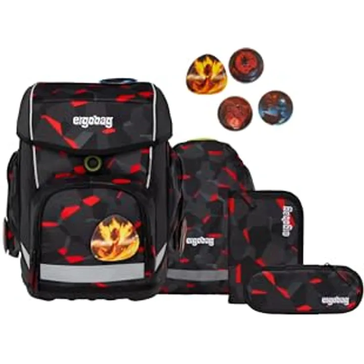 ergobag cubo Set, ergonomischer Schulrucksack 5-teilig, höhenverstellbar, schwarz, für 1. Klasse Grundschule, mit Sportbeutel und gefülltem Federmäppchen