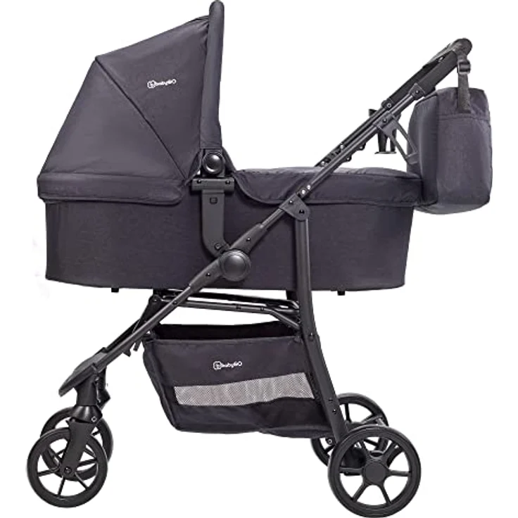 BabyGo Style 3in1 Kinder-Buggy mit Babywanne, Sportsitz und Autoschale, flexiblen Schwenkrädern und verstellbarem Sitz, Schwarz – Bild 3