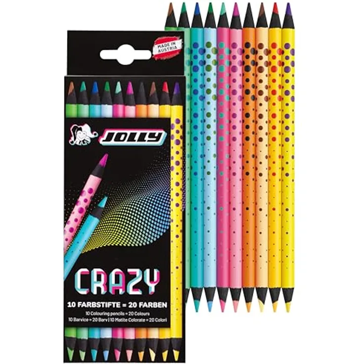 JOLLY Next Generation, Crazy Buntstifte, 10 Doppelseitige bruchsichere Farbstifte mit 20 Farben, Schwarzes Holz, Runde ergonomische Stiftform, modisches Design