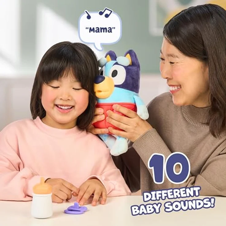 BlueY Bluey Baby, elektronisches Plüschtier 28 cm mit 10 Babygeräuschen, Flasche, Schnuller und herausnehmbarer Windel – Bild 5