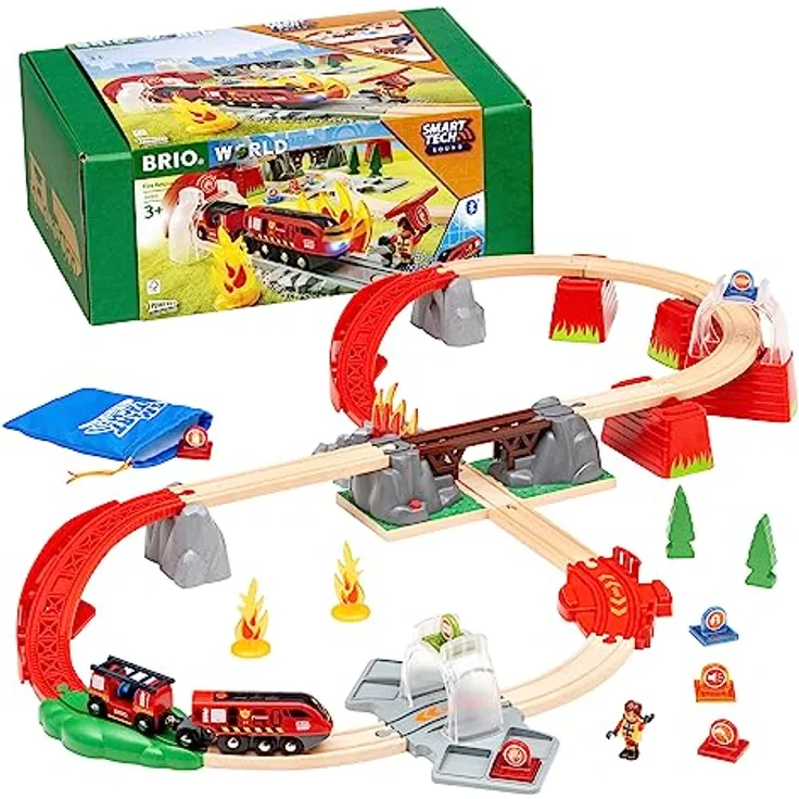 Brio Smart Tech Sound Feuerwehreinsatz-Rettung, interaktive Holzeisenbahn mit Aktionssymbolen und App-Funktion