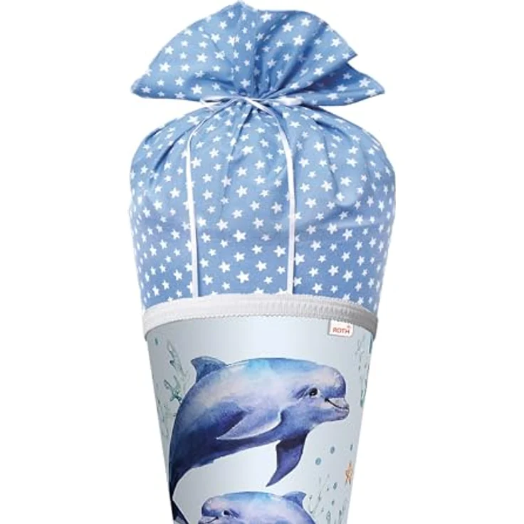 ROTH Schultüte Lieblingsstück Delfin Duo, 70 cm große Stoffschultüte mit Spitze, stabiler Pappe-Körper und Stoffverschluss – Bild 2