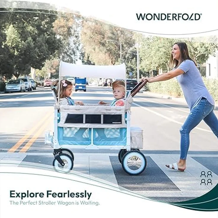 WONDERFOLD VW4 Volkswagen Kinderwagen Wagon Bondi Blau, faltbarer 4-Sitzer mit verstellbarem Schiebegriff und viel Stauraum – Bild 2