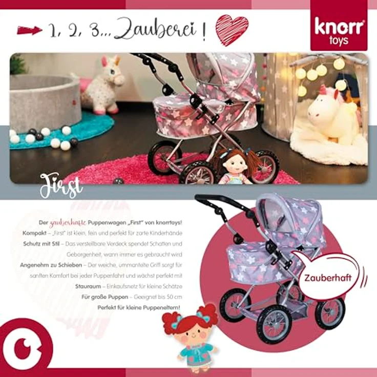 Knorrtoys® Puppenwagen First, höhenverstellbar mit verstellbarem Verdeck und Einkaufsnetz, ca. 63,5 x 42 x 70 cm, geeignet für Puppen bis 50 cm – Bild 6