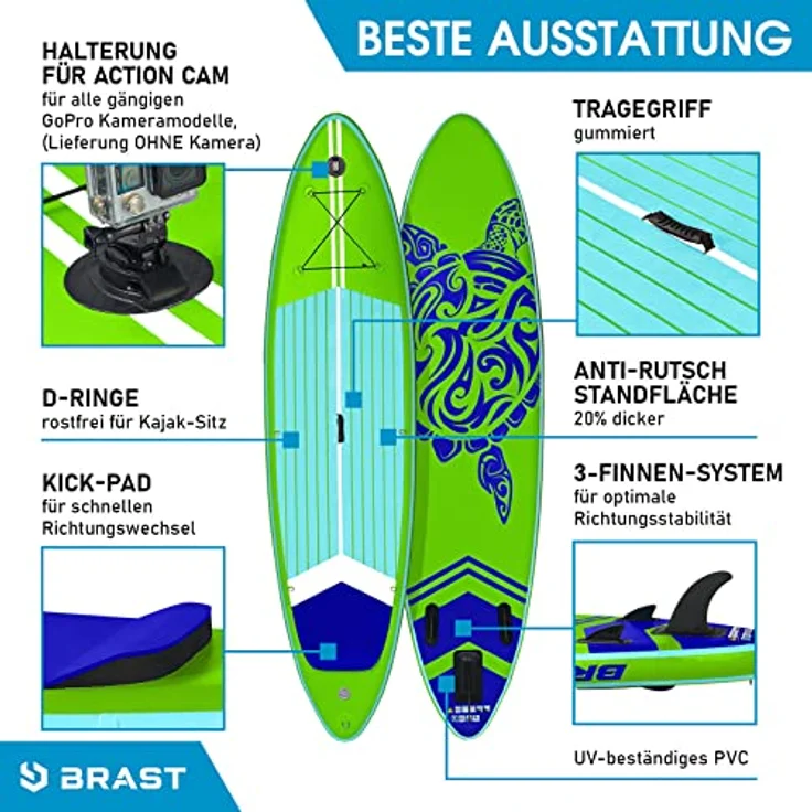 BRAST SUP Board SUPER Set Aufblasbares Stand up Paddle mit extra Zubehör 320x81x15cm Grün incl. Kajaksitz Kamerahalterung Paddel Fußschleife Rucksack Pumpe - Preisvergleich – Bild 6