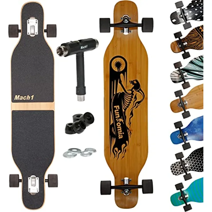 Mach1 Bambus Longboard mit Keramik Kugellager + T-Tool - Skateboard Drop Through Cruiser Komplettboard (Ghost)