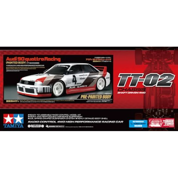 Tamiya 1/10 RC Audi 90 Quattro Racing, vorbemalte Polycarbonat-Karosserie in Weiss, inklusive TT-02 Chassis mit Allradantrieb und Tamiya 540 Torque Tuned Motor – Bild 2