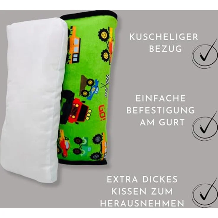 HECKBO Auto Schlafkissen für Kinder, Monster Truck Design, maschinenwaschbar, kuschelweich, Gurtpolster, Reisekissen, vielseitig einsetzbar – Bild 4