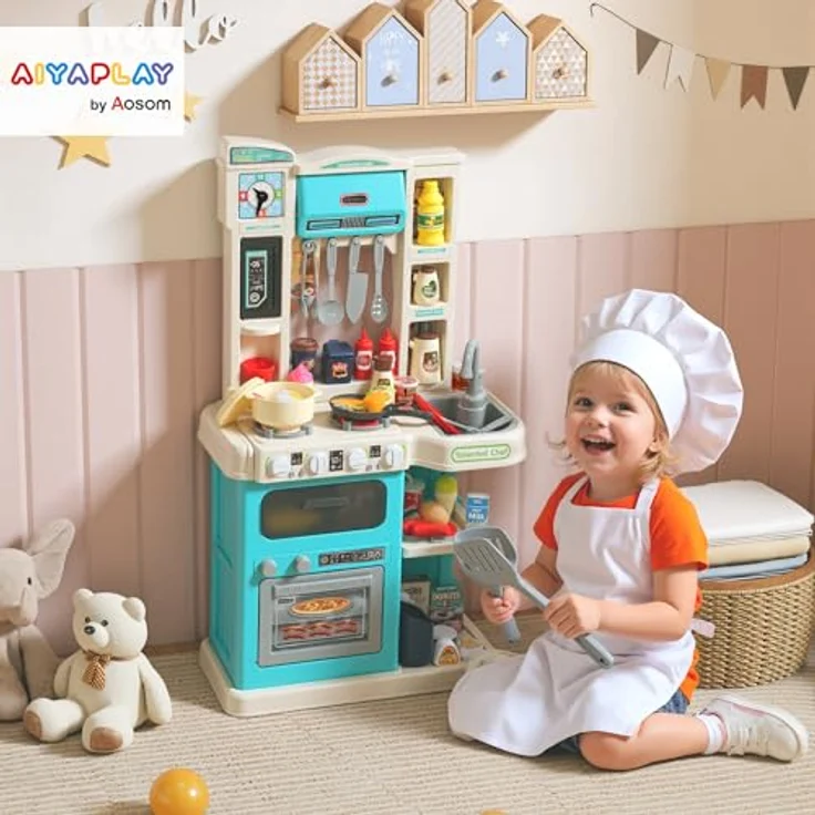 AIYAPLAY Kinderküche Spielküche mit Ofen, Spüle, Licht- und Soundfunktion, 92-teiliges Zubehörset, Spielzeugküche für Kinder, Grün – Bild 2