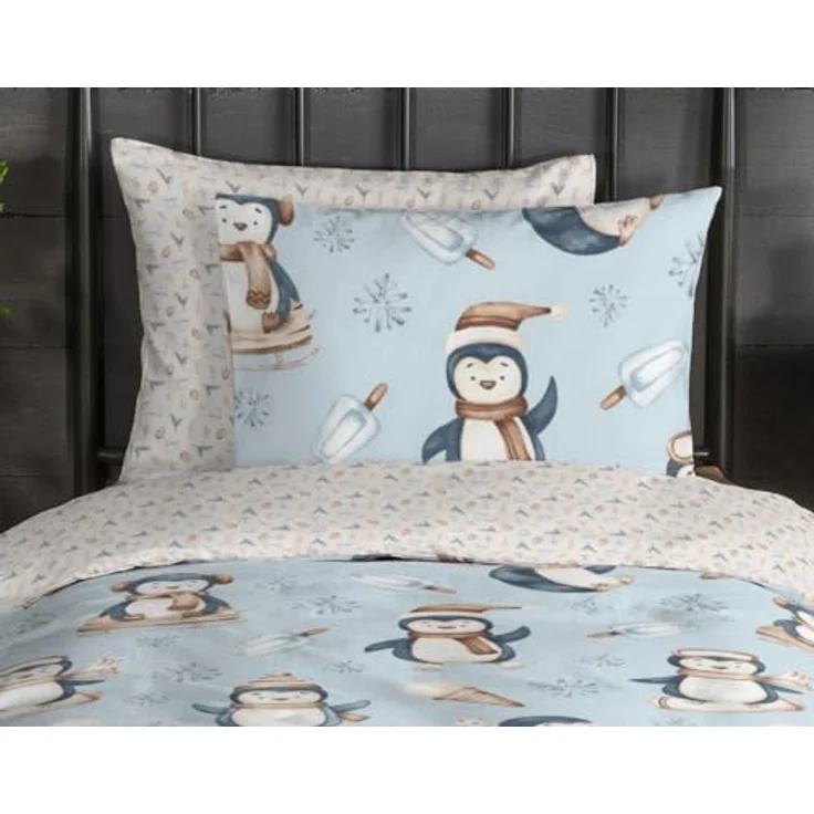 Good Morning Kinder-Wende-Bettwäsche Biber Jani Pinguin | 100% Reine Baumwolle flauschig weich & warm 135 cm x 200 cm weiß - blau – Bild 2
