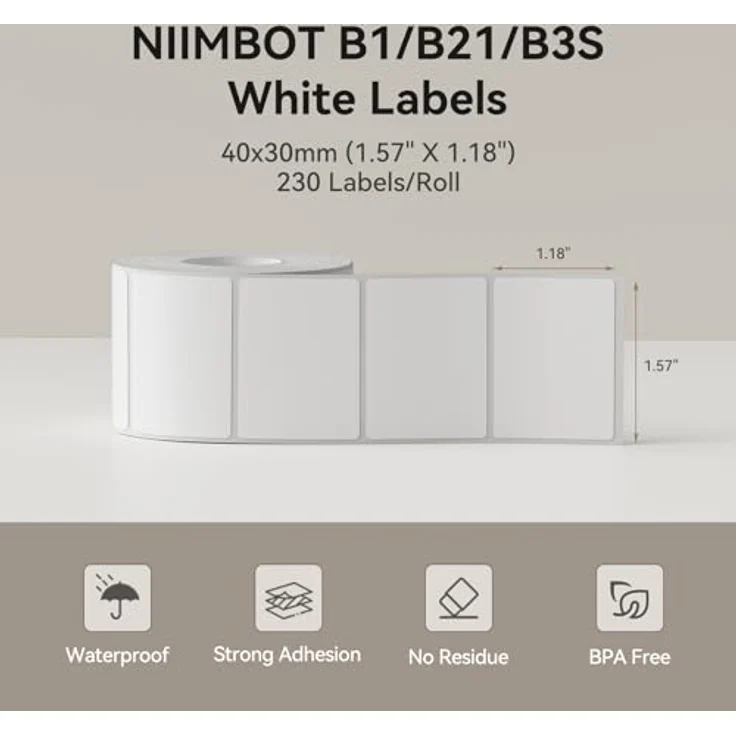 NIIMBOT B21 Etiketten Macherband, wasserdichtes Etiketten Druckpapier mit starker Klebekraft, glänzend, weiß-4030 – Bild 2